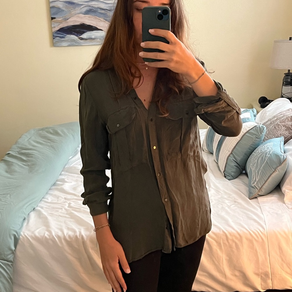 Zara military green button down blouse
